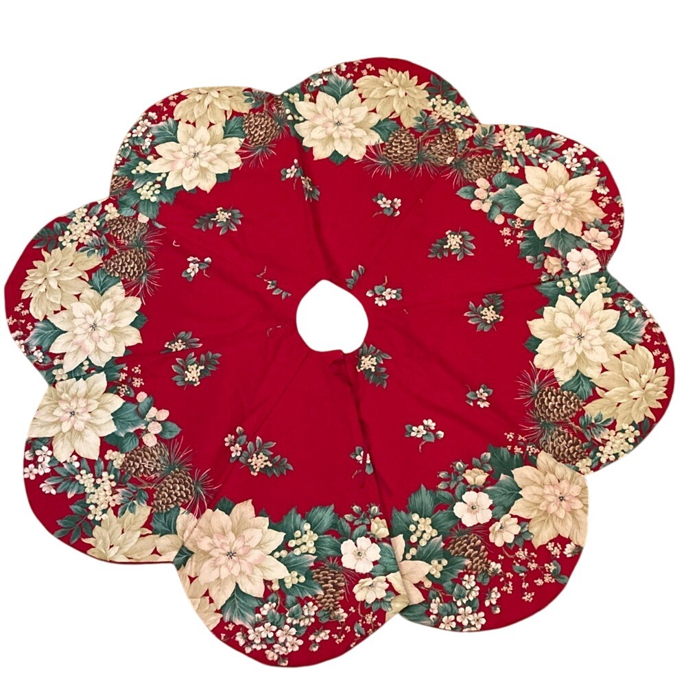 Handmade Hand Sewn Christmas‎ Tree Skirt Red Green White Poinsettia 43" Diameter